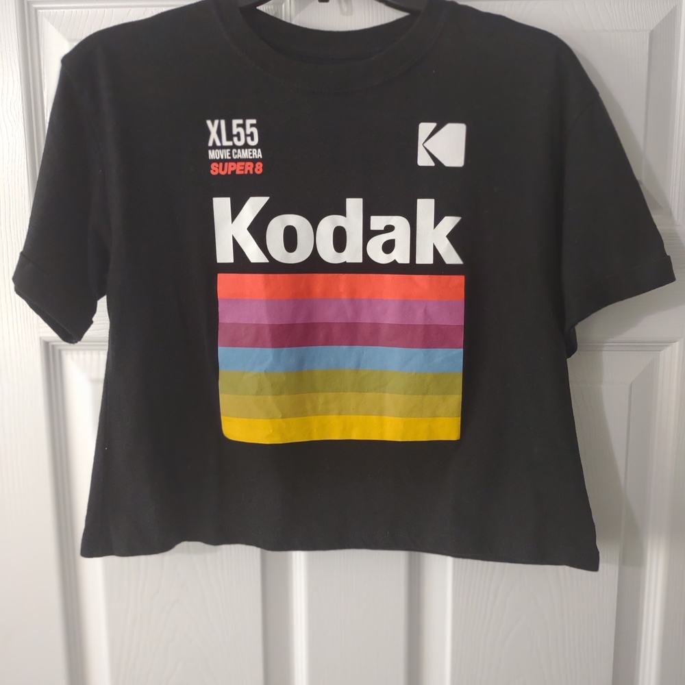 Women's Kodak Movie Camera XL55 Black W/Colorful Stripe Short Sleeve Crop Top